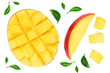 half of Mango fruit decorated with leaves isolated on white background with copy space for your text. Top view. Flat lay