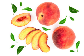 ripe peaches with leaves isolated on white background. Top view. Flat lay pattern