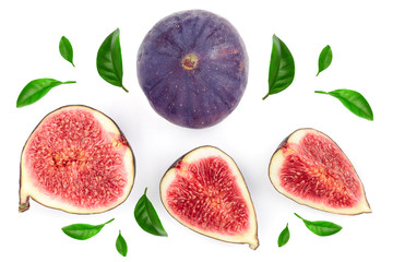 fig fruits with leaves isolated on white background. Top view. Flat lay pattern