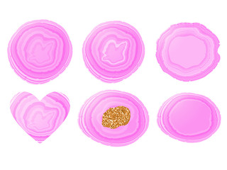 Set Stone slice trendy lilac color. Round, oval, heart shape. Vector illustration isolated on white