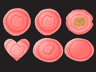 Set Stone slice trendy colar orange color. Round, oval, heart shape. Vector illustration on black