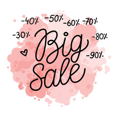 Big Sale line lettering on cute light pink spots isolated on white background