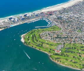Fototapeta premium Aerial view of Mission Beach coastline in San Diego
