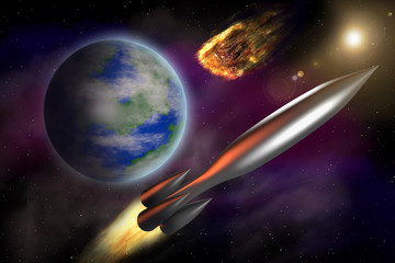 Planet Erde mit Rakete und Asteroid © pixelschoen