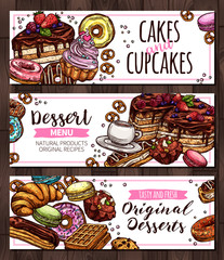 Design of horizontal vector banners with hand drawn homemade cake, cupcakes, muffins, macaroons, donuts and waffle. Templates for company producing homemade desserts, sweets and bakery