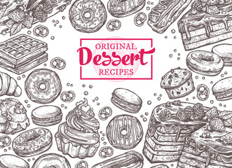 Monochrome vector background with desserts, sweets and bakery products in sketch style. Design with hand drawn cake, cupcake, donuts, macaroons, muffins, waffle, croissant