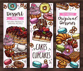 Templates for company producing homemade desserts, sweets and bakery. Design of vertical vector banners with hand drawn homemade cake, cupcakes, muffins, macaroons, donuts and waffle