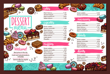 Vector design of dessert menu with hand drawn cake, cupcake, donuts, macaroons, muffins, waffle, croissant in sketch style. Trendy design on for café