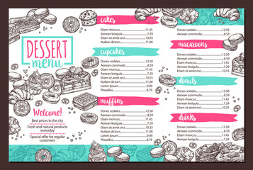 Vector design of dessert menu with hand drawn monochrome cake, cupcake, donuts, macaroons, muffins, waffle, croissant in sketch style. Trendy design on for café