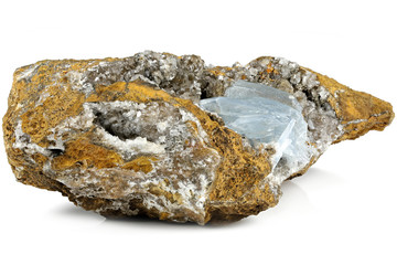 blue barite crystals on matrix from Morocco isolated on white background