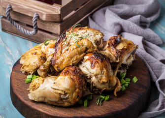 Chopped roasted chicken on board, closeup shot