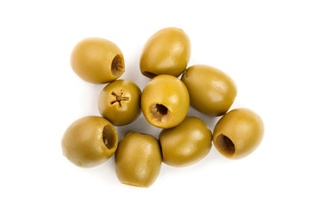 Green olives isolated on a white background. Top view. Flat lay