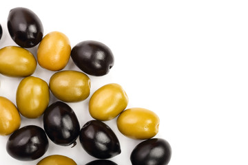 Green and black olives isolated on a white background with copy space for your text. Top view. Flat lay