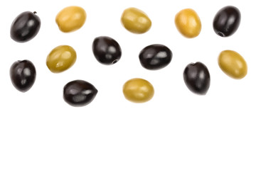 Green and black olives isolated on a white background with copy space for your text. Top view. Flat lay