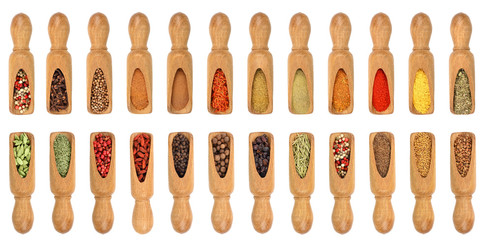 mix of spices in wooden scoop isolated on a white background. Top view. Flat lay. Set or collection