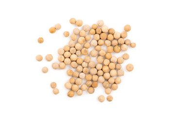 white peppercorns isolated on white background. Top view. Flat lay. Close up