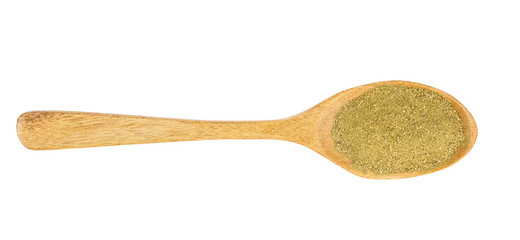 crushed bay leaves in wooden spoon isolated on white background. Top view. Flat lay