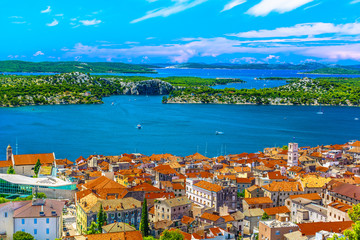 Sibenik Croatia travel places. / Aerial view at marble idyllic summer town Sibenik in Croatia,...