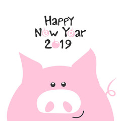 Pink smile pig and hand drawn funny lettering Happy New Year 2019. Fashion baby graphic design t-shirt with cute font. Vector illustration.