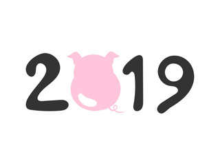 Pink pig and hand drawn funny number lettering Happy New Year 2019. Fashion baby graphic design t-shirt with cute font. Vector illustration.