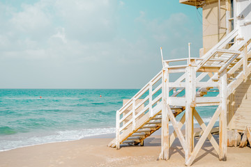 Baywatch cabin  at Tel Baruch Beach, Tel Aviv, Israel. Summer, blue, coast background.