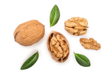 Walnuts with leaf isolated on white background. Top view. Flat lay