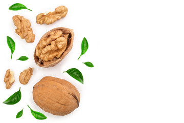 Walnuts with leaf isolated on white background with copy space for your text. Top view. Flat lay