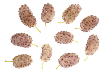 Fresh ripe white mulberry berries with leaves isolated on white background. Top view. Flat lay