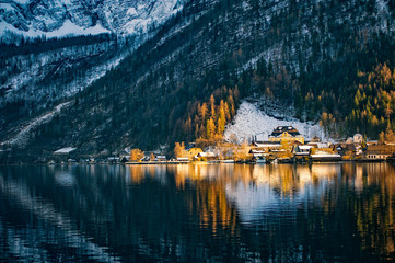 Winter View of Hallstatt, UNESCO world culture heritage site. Alps, Austria.