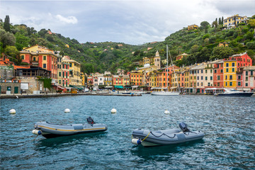 Fototapeta na wymiar beach streets and colorful houses on the hill in Portofino in Liguria in Italy 
