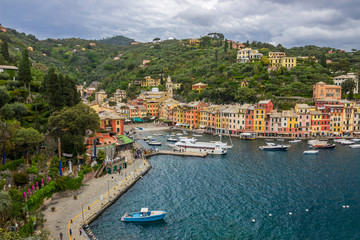 Fototapeta na wymiar beach streets and colorful houses on the hill in Portofino in Liguria in Italy 