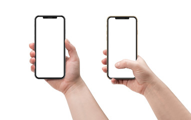 Female hands are holding smartphones. Template, mockup.