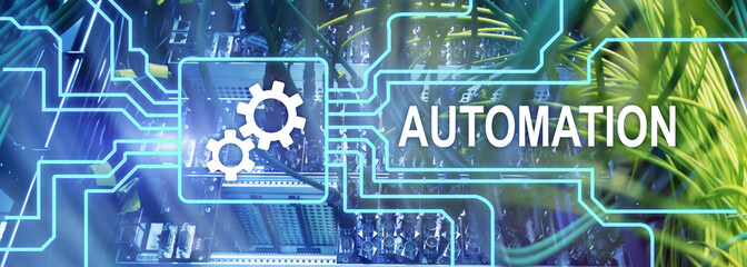 Automation of business Process and innovation technology in manufacturing. Internet and technology concept on server room background.