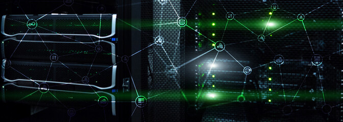 Telecommunication concept with abstract network structure and server room background.