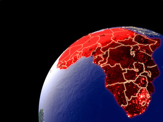 Satellite view of Africa on Earth with city lights. Extremely detailed plastic planet surface with real mountains.