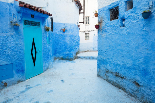 blue walls and door in blue city Chefchaouen in Morocco