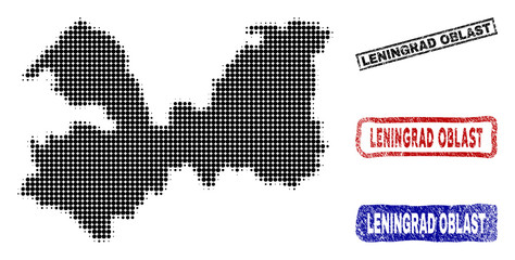Fototapeta na wymiar Halftone dot vector abstract Leningrad Oblast map and isolated black, red, blue rubber-style stamp seals. Leningrad Oblast map tag inside rough rectangle frames and with distress rubber texture.