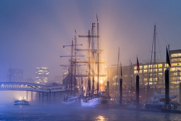 Hamburg Harbor, Germany, with a view of the Sports Harbor (German: City Sporthafen) and the Lower Harbor (german: Niederhafen) at night.