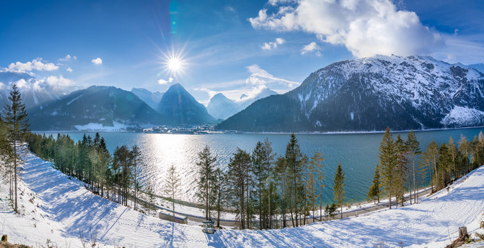 The lake Achen (German: Achensee) north of Jenbach in Tyrol, Austria. Together with the Achen Valley it parts the Karwendel mountain range in the west from the Brandenberg Alps in the east.