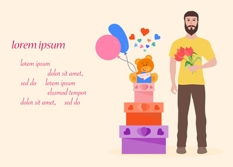 Man with flowers and gifts. Holiday greeting card.