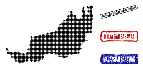 Obraz premium Halftone dot vector abstract Malaysian Sarawak map and isolated black, red, blue rubber-style stamp seals. Malaysian Sarawak map label inside rough rectangle frames and with corroded rubber texture.