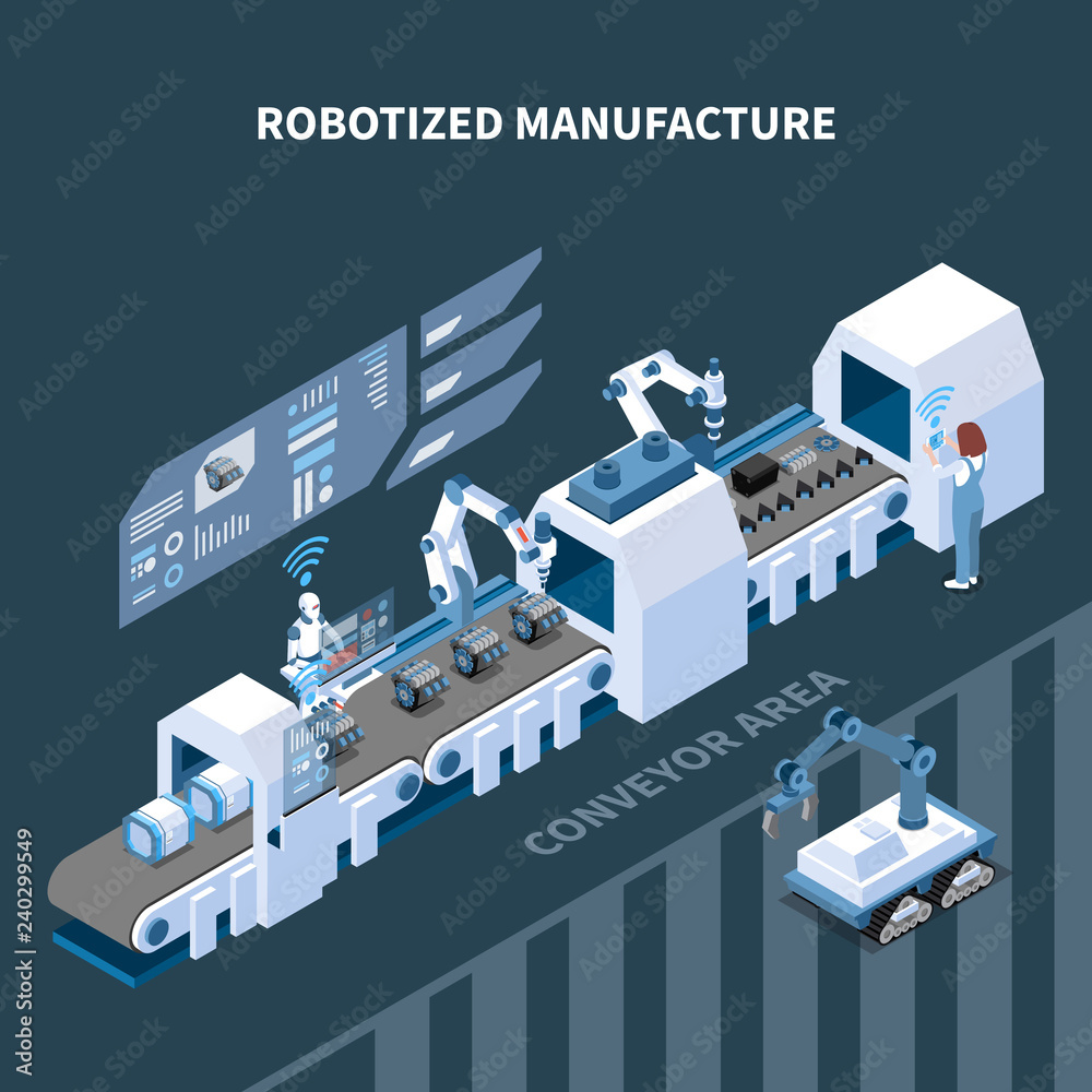 Sticker robotized manufacturing isometric composition