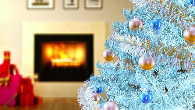 Background with colorful baubles on white Christmas tree next to burning fireplace and gift boxes at living room. Christmas tree is spinning slowly. Bokeh background