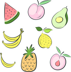 set of graphic icons of fruits on a white background