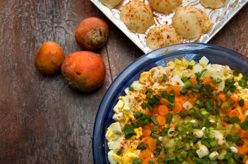 Salad, Mash Potatoes, Beets and Vegetables on Christmas Table for Family Meal