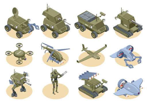 Military Robots Isometric Icons Set