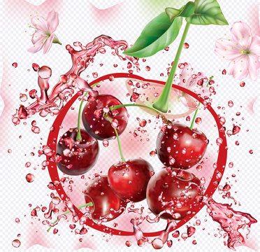 Splashes of juice on the background of cherry silhouette