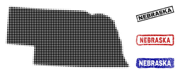 Halftone vector dot abstracted Nebraska State map and isolated black, red, blue grunge stamp seals. Nebraska State map title inside rough rectangle frames and with distress rubber texture.