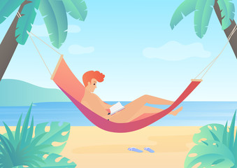 Reading young man on hammock vector flat gradient illustration.