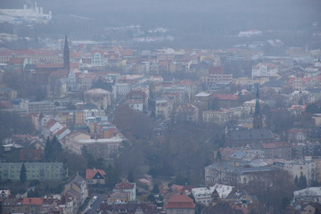 Teplice city viewed from Doubravka castle during snowfall on 15th december 2018